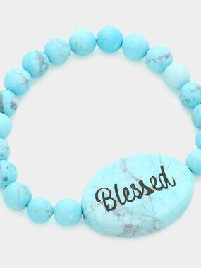 Blessed Bracelet - Turquoise Howlite Beaded Stretch, Engraved Message Stone